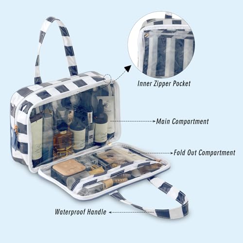 Toiletry Bag for Women, White and Navy Stripe - color: White-Navy
