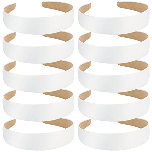 Wecoe 10 Pack White Headband 1 Inch Wide Satin Headbands Women Non Slip Fashion Plain Head Bands Solid Hair Bands DIY Holiday Hair Accessories for Women Girls Diademas Para Mujer - color: White