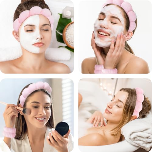 Spa Headbands for Washing Face Wristband Set Sponge Makeup Skincare Headband Wrist Towels Bubble Soft Terry Towel Cloth Hairband for Women Puffy Headwear Non Slip Thick Thin Hair Headwear (Light pink) - color: Light pink