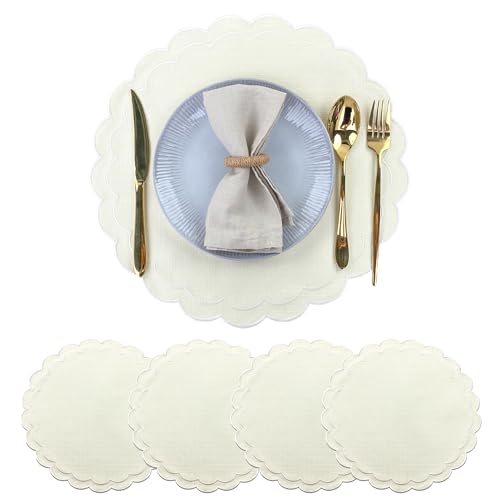Linen Cotton Placemats Set of 4 Scalloped Flower Embroidery Place Mats 15'' Natural Linen Texture Fabric Machine Washable Table Mats for Restaurant Kitchen,Table Decor(Butter Yellow) - color: Butter Yellow