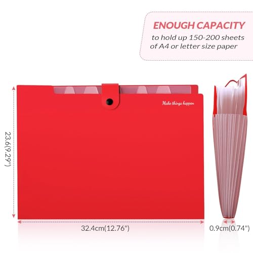 SKYDUE 8 Pockets Expanding File Organizer, Expandable File Folders with Pockets, Portable Document Paper Organizer, A4 Letter Size Filing Folder, Snap Closure, Red - color: Red-cm