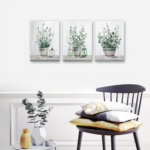 MHARTK66 Family Canvas Wall Decor for Bedroom, Dining Room, Living Room & Office - Green Leaf Vase Artwork - 12x16in - color: Wall Decor Painting Green Plants, size: 12x16inches*3pcs
