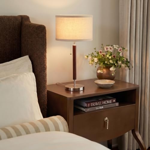 Brightech Carter LED Bedside Lamp - Compact Table & Desk Reading Lamp for Bedroom, Living Room, Office - Modern Nightstand & Side Lamp with Soft Ambient Light - Stainless Steel & Wood Finish