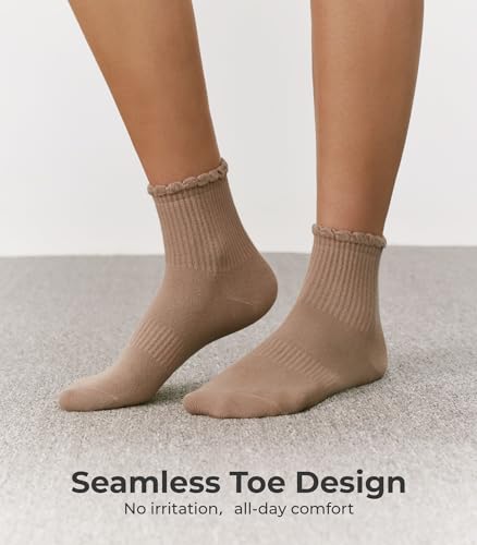 CS CELERSPORT Women's Mini Crew Ankle Socks with Scalloped Top,Pack of 6 - color: Pink+brown, size: Small