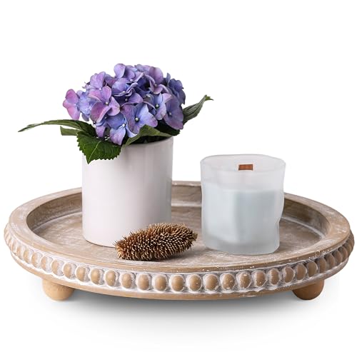 Beige Round Wooden Tray for Decor, Decorative Coffee Table Tray - color: Beige