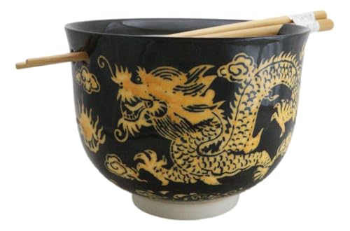 Ebros Gift Artistic Donburi Ramen Udon Noodles Soup Salad 5" D 18Oz Bowl With Bamboo Chopsticks And Built In Rest Set Asian Dining Kitchen Accent (Black And Yellow Oriental Dragon King) - color: Black And Yellow Oriental Dragon King