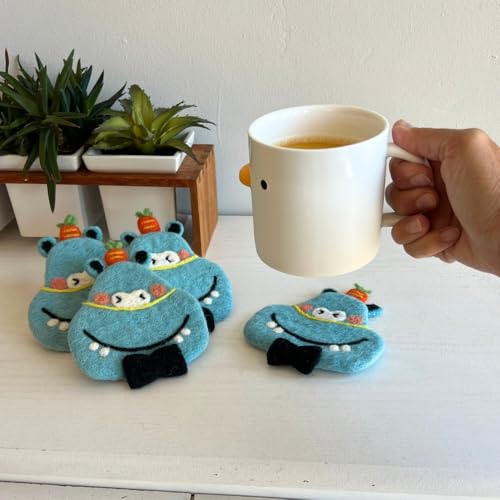 Humble Hilo Handmade Animal Felt Coaster Set of 4, Absorbent Coaster for Animal Lover (Funny Hippo) - color: Funny Hippo