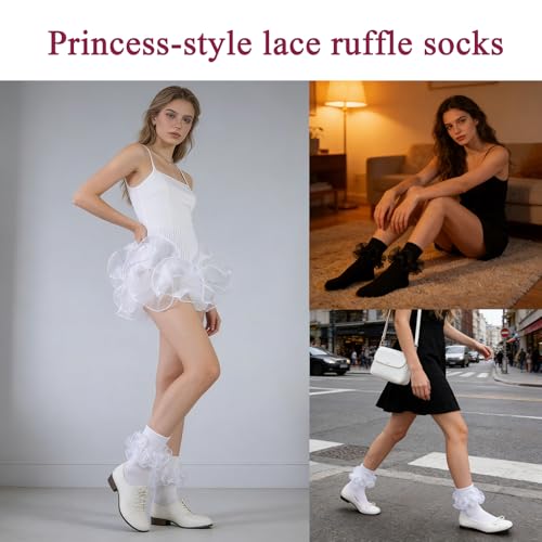 Big Ruffle Socks Women(Size 5-11) Turn Cuff Cotton Lace Frilly Socks - color: White,red,black - 3 Pairs, size: 9-11