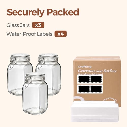 ComSaf Square Glass Jars with Airtight Lids 51 oz 3 Pack Wide Mouth - size: 51 fl oz x 3