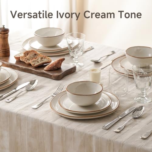 Stoneware Dinnerware Sets for 8, Reactive Glaze Plates and Bowls, White - color: White, size: Service for 8-24Pcs