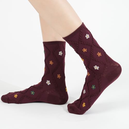 Womens Cotton Crew & Ankle Socks, Cute Floral Ruffle Colorful Tube Size 6-9 - color: Flower Print D