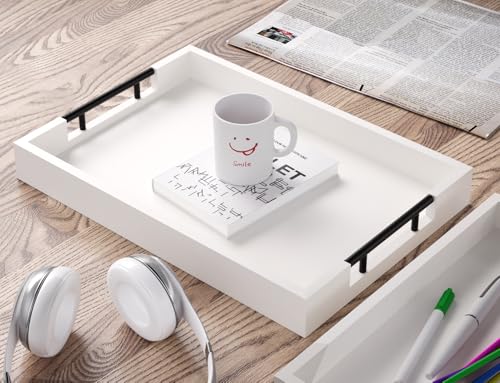 Fibogollo Set of 2 Bamboo Serving Trays with Metal Handles(White) - style: White-Medium and Large Set