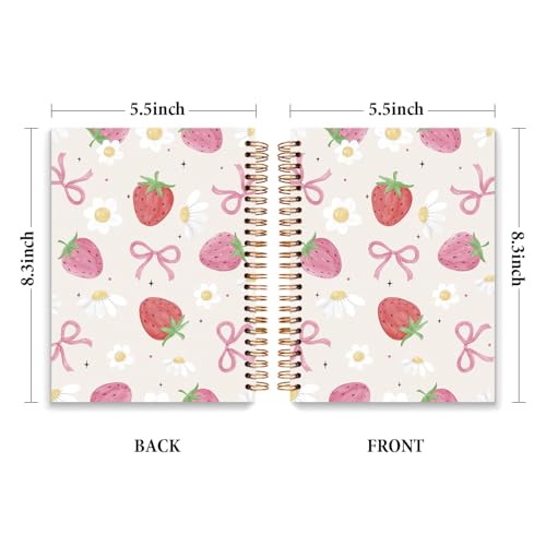 JXREQ Pink Bow Strawberry Notebook Journal for Women Girls Gifts, Strawberries Daisy Journaling Notebooks for Work Study, Girly Cute Spiral Notebooks 5.5x8.3 - color: Fruit 5