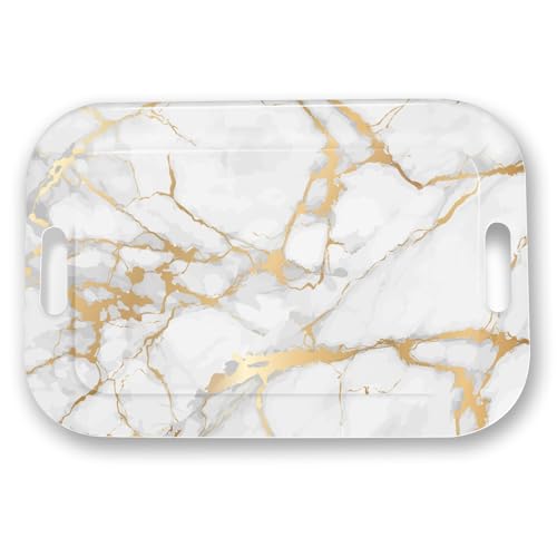 Serving Trays with Handles, 14.5 x 9.8 inch Rectangular Plastic Tray for Restaurant, Kitchen, Golden White Marble - color: Golden White Marble