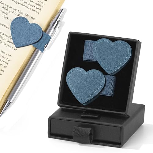 2Pcs Magnetic Leather Bookmarks with Pen Holder Gift Box, Heart-Shaped Magnetic Book Marks for Book Lover Readers Cute Leather Bookmark for Women Girls (Blue) - color: Blue