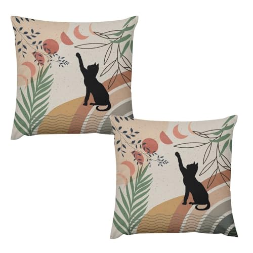 Mid Century Moon Cat Pillow Covers Retro Black Cat Leaves Sun Moon Boho Abstract Geometric Arch Home Decor Sofa Bedroom Cushion Outdoor Indoor Decorations 16 "x16 - color: Cat-6, size: 16" x 16" (Pack of 2)
