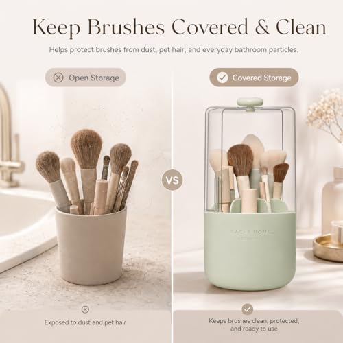 EACHY Makeup Brush Holder with Lid, Rotating Makeup Brush Organizer, Green - color: Green