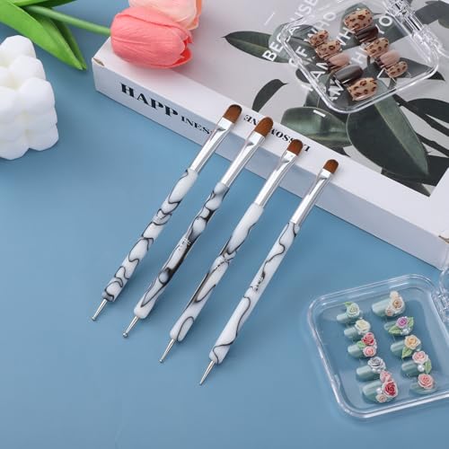 4 PCS French Tip Brush for Nails, 2-Way French Nail Brush with Dotting Tool, Acrylic Nail Tip Tool Brushes for Nails Detailed Designs DIY Manicure Salon