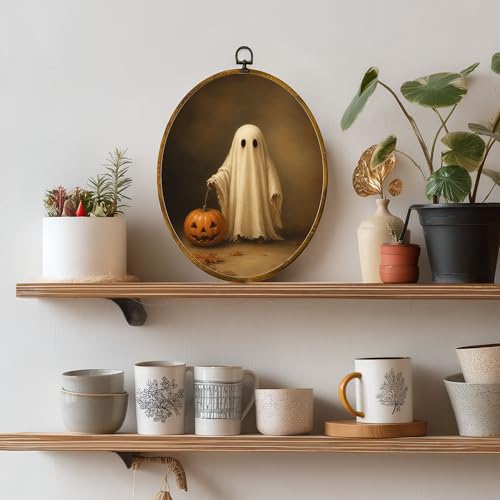 Ghost Pumpkin Oval Wall Art, Framed Canvas Decor, 8.5x11.5 Inch - color: Ghost Hold Pumpkin