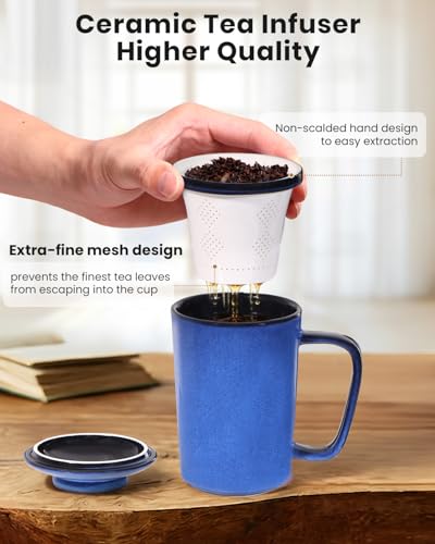 Ceramic Tea Mug with Infuser and Lid,16oz Porcelain Loose Leaf Tea Cup with Large Handle,Metal-Free Filter,Microwave &Dishwasher Safe,Perfect for Tea,Coffee (Vintage Blue) - color: Vintage Blue