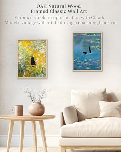 iHery 12x16in Natural OAK Wood Framed Monet Water Lily Cat Wall Art - color: Oak Wood Framed Monet Cat, size: 16"L x 12"W