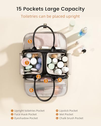 LOVEVOOK Travel Toiletry Bag for women, Leather Large Wide-open Makeup Bag, Waterproof Cosmetic Bag Organizer for Shower, Traveling, Toiletries, Bathroom - color: Pink