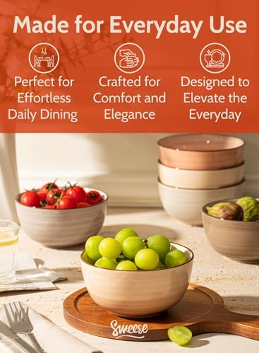 Sweese 20 Oz Porcelain Cereal Bowls - Multicolor Set of 6, Dishwasher Safe, for Soup, Salad, Rice, Kitchen Decor - color: Neutral, size: 20 Ounce