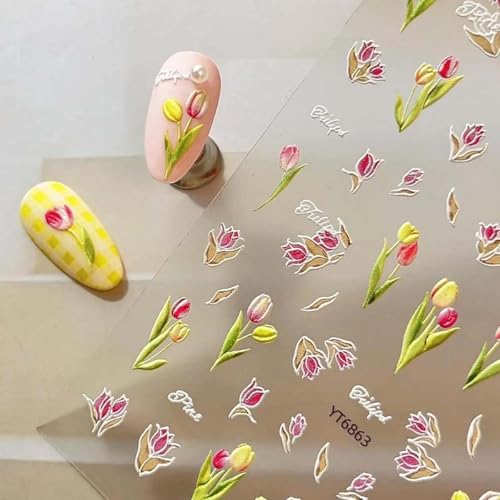 3D Bloom Tulip Nail Stickers,Flowers Nail Art Stickers for Nails Press on, Decals for Spring Nails, French Manicure Decals Supplies and Design Sticky tabs Tools for Women, 2 Sheets