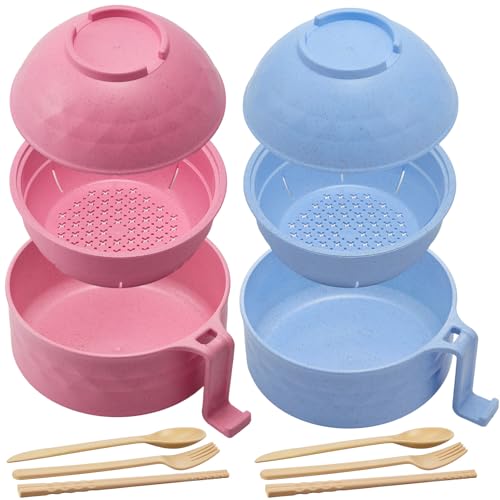 2 Sets 40 oz Microwave Ramen Bowl with Handles, Pink, Light Blue - color: Pink,Light Blue