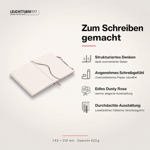 LEUCHTTURM1917 - Notebook Hardcover Medium A5-251 Numbered Pages for Writing and Journaling - Thinking Ahead (Squared Paper, Dusty Rose) - color: Dusty Rose, style: Squared