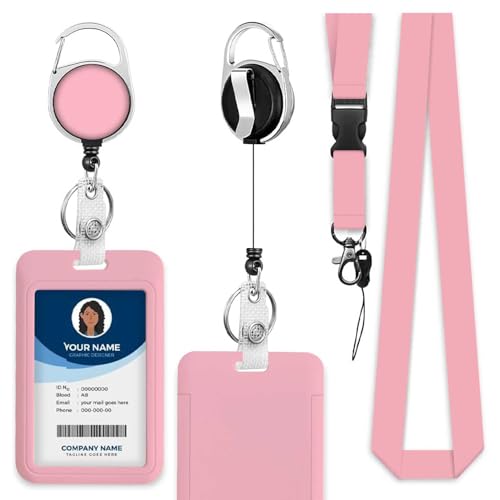 PinkBadge Holder with Retractable Badge Reel Carabiner Clip Card Case for Women Nurse Teacher Student - color: Pink
