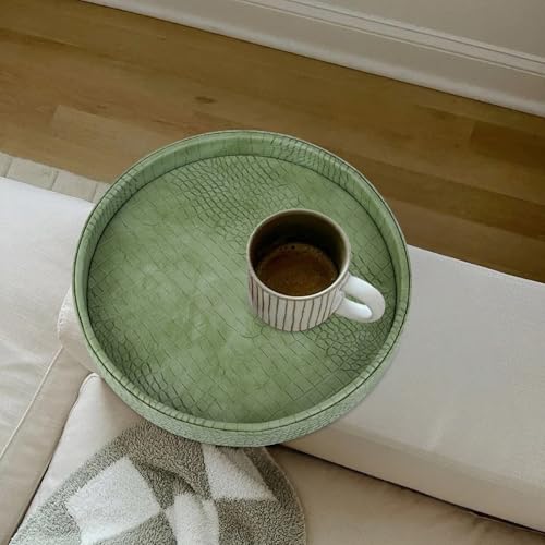 HofferRuffer Faux Leather Round Serving Tray, Vegan Croco Leather Decorative Food Tray for Storage Drinks, Snack & Cosmetics, Dia.12'' x 1.6'' (Light Green) - color: Light Green, size: 12"