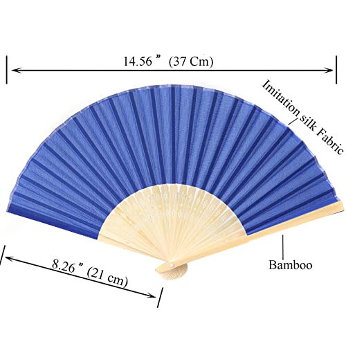 24pcs Imitated Silk Hand Fan Imitated Silk Fabric Bamboo Handheld Folded Fan Bridal Dancing Props Church Wedding Party Favors with Organza Bags (Royal Blue) - color: Royal Blue