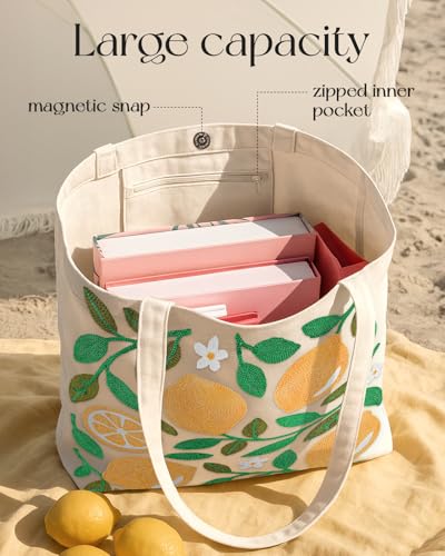 Miss Adola Embroidery Canvas Tote Bag with Pocket & Buckle - color: Lemon