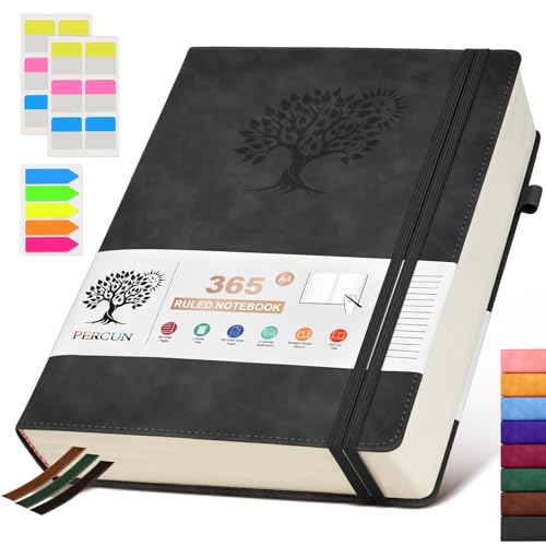 PERCUN A4 Lined Journal Notebook，365 Page Large Leather Journals for Writing Women Men，Hardcover Notebook with 100Gsm Thick Pages for Travel，Work，School，College Ruled, Daily Diary (8.5" x 11.4") - color: Black, size: A4