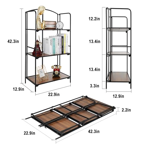 Crofy 3-Tier Foldable Bookshelf, Black Frame & Walnut Shelves - color: Black Frame & Walnut Shelf, size: 3 Tier