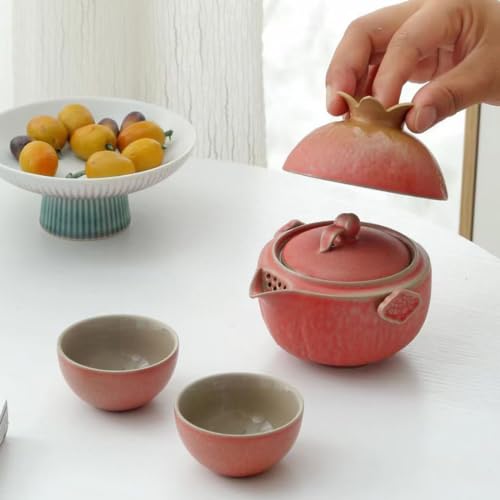 Pomegranate Shape Travel Teapot, Portable Ceramic Tea Set, 1 Pot 3 Mini Cups, Tea Set for One to Three, Tea Gift for Tea Lovers