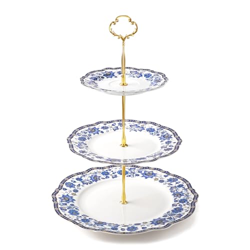fanquare 3-Tier Elegant British Blue Floral Porcelain Cupcake Stand - color: Blue Cake Stand