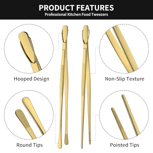 DEHOV 12 Inch Gold Stainless Steel Kitchen Tweezers For Cooking Tongs Set of 2, Metal Long Food Tweezers, BBQ Grill Tongs For Pasta - color: Gold