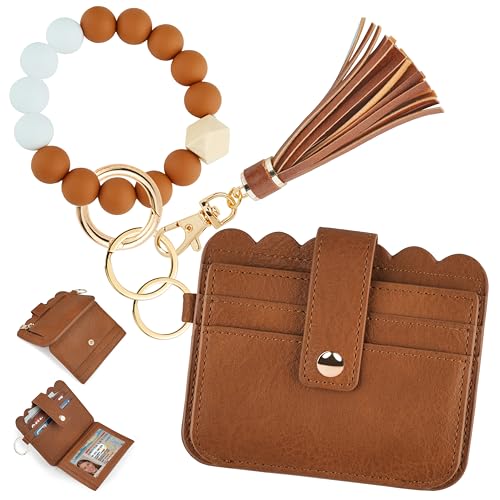 Wristlet Wallet for Women with Keychain – RFID Card Holder Small Wallet Wristlet with Key Ring - color: Light Brown, style: Classic