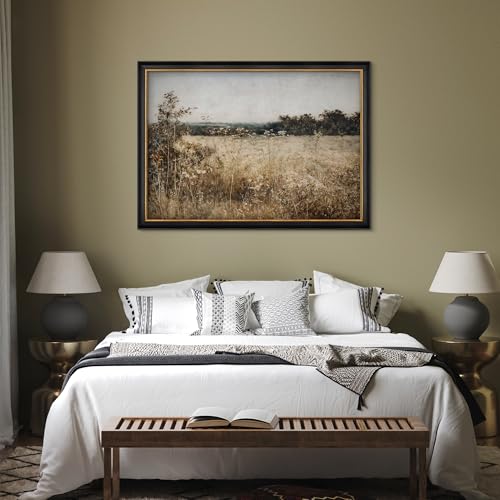 MUDECOR Premium Framed Wall Art Tranquil Countryside with Wildflowers and Distant Trees Illustrations Impressionism Colorful for Living Room, Bedroom, Office - 26"x36" Black - color: A07-2308-b38, size: 36"L x 26"W, style: Black Frame