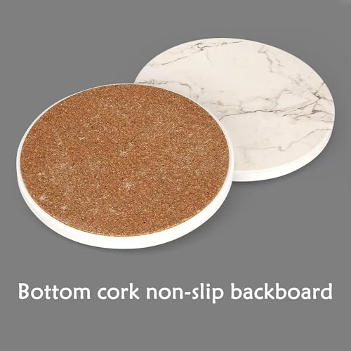 4inch Round White Marble Coaster with Gold Storage Rack 6pcs - color: White Coasters