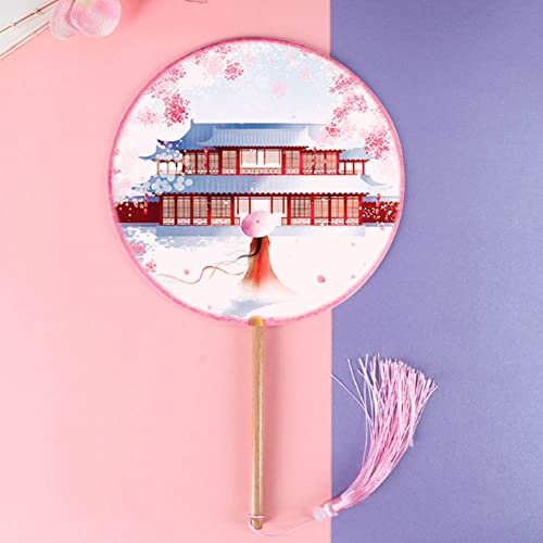 BAOZOON 2 Pcs Silky Translucent Ancient Round Fan Classic Silk Hand Held Fan Floral Pattern Palace Paddle Dance Fan with Tassel Wooden Handle Wedding Favor Gift Home Decor(Color#5) - color: Color#5