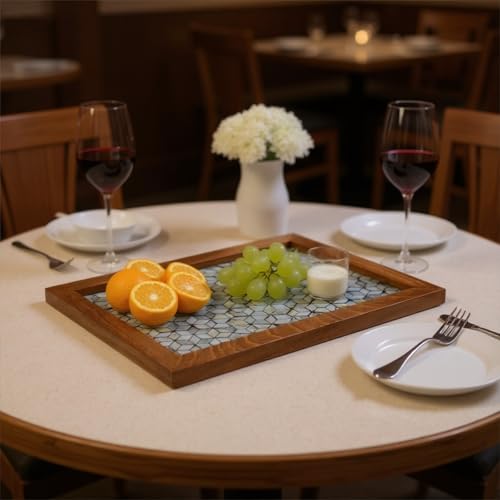 42x32CM Rectangle Mother of Pearl Mosaic Inlay Wood Border Serving Tray - color: Dazzling Mosaic