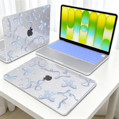 Cute Blue Bow Clear Hard Shell Case for MacBook Neo 13 inch A18 Pro - color: Blue Bow & Stars