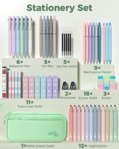 Four Candies 56 PCS Aesthetic School Supplies with Pencil Case (Mint Green) - color: Mint Green