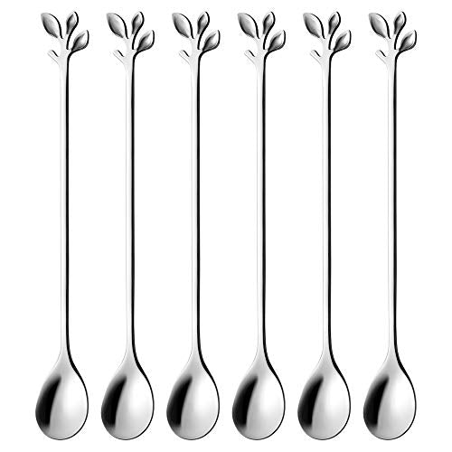 AnSaw 6-Piece Elegant Silver Leaf Long Handle Teaspoons - 7.4" - color: Silver