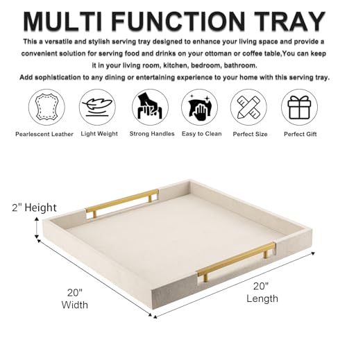 Beige Faux Leather Serving Tray with Handles – Large Decorative Tray for Coffee Table, Ottoman, Living Room, Bathroom – Home Decor - color: Beige, size: 20" x 20" x 2"