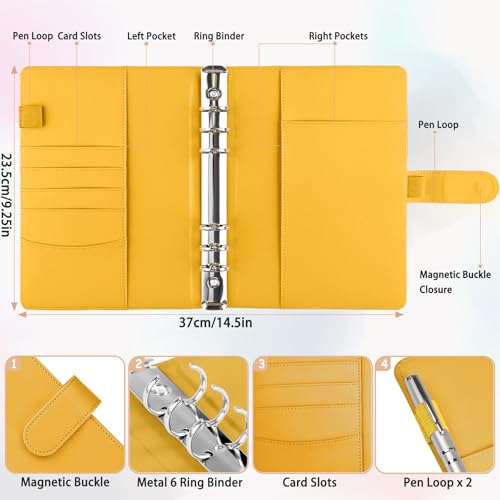 Antner A5 Binder 6 Ring Refillable Notebook Planner Cover, PU Leather Aesthetic Small Binder Loose Leaf Photocard Holder Budget Planner for Cash Organizer with Magnetic Buckle, Lemon Yellow - color: Lemon Yellow