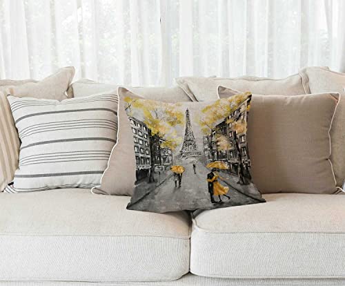 Oil Painting Paris European City Landscape France Eiffel Tower Black White and Yellow Modern Couple Under Square Decorative Throw Pillow Case Cushion Cover 18 x 18 inch - color: Sl212
